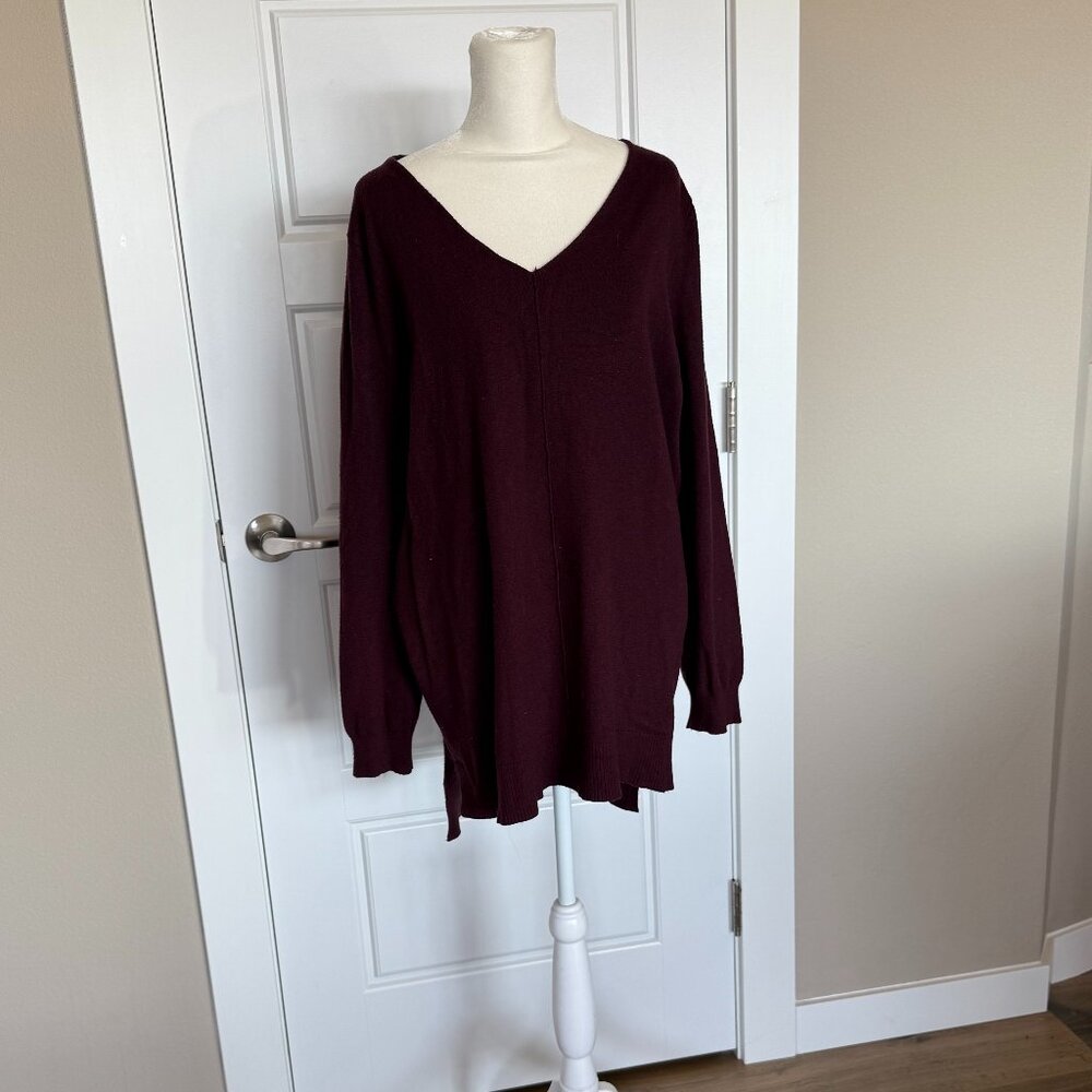 Love Ellie Burgundy V-Neck Tunic Length Long Sleeved Sweater - 1X